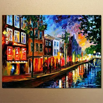 Холст, настенный художественный Пейзаж, Красные огни Амстердама, картина маслом ручной работы, современное красочное текстурированное произведение искусства для декора столовой