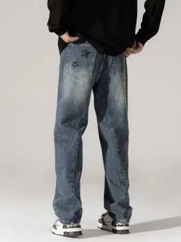 Высокие Уличные Выстиранные старые джинсы, Мужские Осенне-зимние Новые Джинсы с вышивкой, Свободные Прямые джинсы с несколькими карманами, брюки в стиле ретро, Повседневные брюки