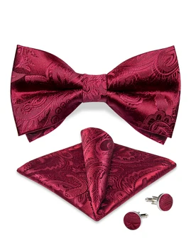 Свадебный Красный мужской галстук-бабочка с узором Пейсли для жениха, Классический модный Предварительно завязанный шелковый галстук-бабочка, набор квадратных запонок для декора мужской рубашки