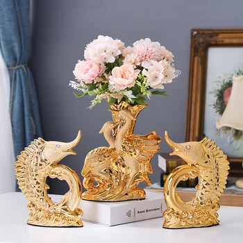 Керамическая Золотая ваза в европейском стиле, Обеденный стол, Аксессуары для украшения дома, Креативные Вазы с золотым лебедем