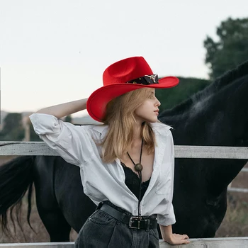 Стильная винтажная ковбойская шляпа унисекс в западном стиле с широкими полями и украшенным поясом для классического образа ковбоя-наездницы