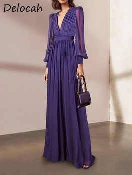 Delocah Высококачественное летнее женское Модное праздничное платье для подиума Фиолетового Цвета С Длинным рукавом-фонариком, высокой талией, драпированными Платьями Большого размера