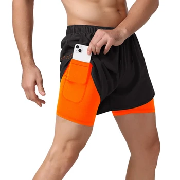 Двухслойные спортивные шорты для улицы с карманом для телефона, Мужские быстросохнущие шорты для фитнеса, Дышащие теннисные штаны для тренировок