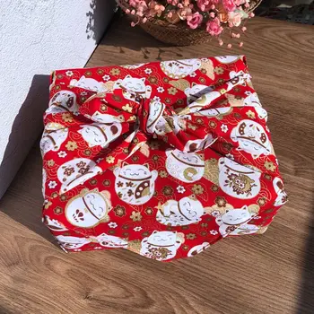 Традиционная Японская оберточная ткань Furoshiki Хлопчатобумажная Красная подарочная коробка Lucky Cat для Подарков на Рождество и Новый Год, Тканевый носовой платок