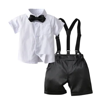 Одежда джентльмена с бантом для мальчиков, Белая рубашка + темно-синие шорты на подтяжках, Детские праздничные наряды с коротким рукавом