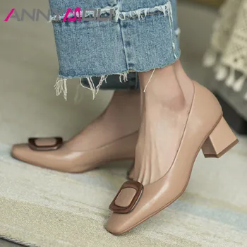 ANNYMOLI/2021 г. Весенние женские туфли на высоком каблуке из натуральной кожи с металлическим украшением, туфли-лодочки с квадратным носком, Размер женской обуви 40
