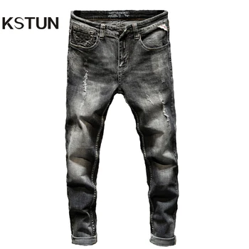 Джинсовые брюки известного бренда, мужские стрейчевые осенне-зимние темно-серые джинсы для мотоциклистов, Рваные потертые джинсовые брюки для мальчиков