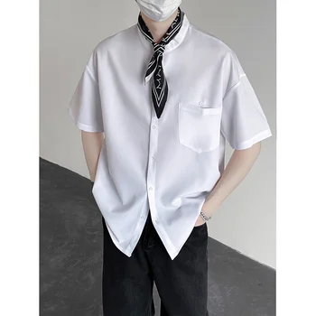 Летняя Рубашка с коротким рукавом, Мужская Модная Рубашка для Общества, Корейская Свободная Рубашка Из Ледяного Шелка, Мужская Черная Белая Официальная Рубашка M-2XL