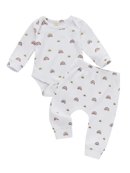 Комплект одежды в рубчик для новорожденных, 2 предмета, детский комбинезон с радужным принтом Солнца, с длинным рукавом и круглым вырезом, брюки