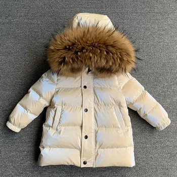 -30 Детская зимняя куртка-пуховик с воротником из натурального меха, Утепленная теплая верхняя одежда, пальто, Зимний комбинезон для малышей, пальто для маленьких мальчиков и девочек