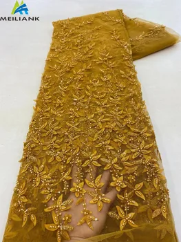 2023 Высококачественная кружевная ткань из французского тюля ручной работы, Африканская 3D цветочная вышивка бисером, Кружевная ткань для свадебного платья 3122