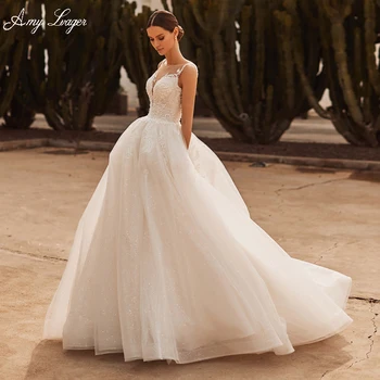 AmyLvager, нежные аппликации, блестящий тюль, шлейф, Свадебное платье Трапециевидной формы, Элегантный круглый вырез, расшитый бисером рукав, Винтажное платье невесты