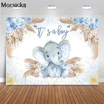 Mocsicka Фон для Душа ребенка, это мальчик, Синий Слон, цветок в стиле Бохо, Пампасная трава, фон для фотографии, Украшение для Дня Рождения ребенка