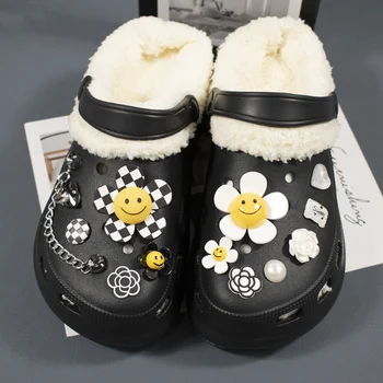 Черно-белая обувь в клетку с отверстиями в виде Цветка, Подвески, Аксессуары для обуви Croc, Пряжка для обуви, Подсолнух, 3D Обувь, Цветок, Украшения для обуви DIY