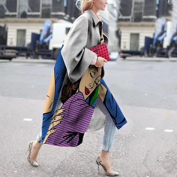 Женское пальто, Новинка 2023 Года, Осеннее женское пальто-поло с длинным рукавом, Шерстяное пальто с принтом