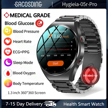 2023 Новые Неинвазивные смарт-часы для измерения уровня сахара в крови, ЭКГ + PPG, для Мужчин, сердечного ритма, кислорода в крови, Здоровья, Умные часы IP67, водонепроницаемые спортивные часы