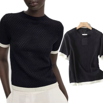 Elmsk Модная летняя футболка темно-синего цвета, французская офисная женская элегантная текстурированная футболка с коротким рукавом, топы для женщин
