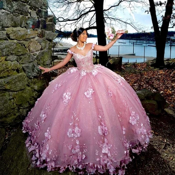 2023 Розовое Бальное платье, Пышные платья, 15 Вечерних вечерних Платьев с 3D цветочным кружевом, аппликацией из бисера, платья Принцессы на День рождения