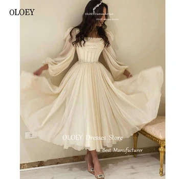OLOEY Винтажное шифоновое шелковое вечернее платье цвета слоновой кости для свадебных платьев с пышными длинными рукавами до середины икры, вечерние платья арабской невесты