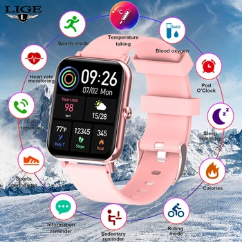 Умные часы LIGE с полным касанием 1,69 дюйма, Женские Мужские Спортивные Фитнес-трекеры, пульсометр, артериальное давление, Женские умные часы для Android IOS