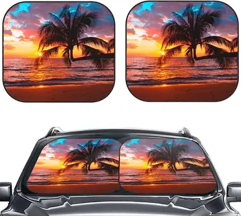 Sunset Beach Кокосовая пальма Солнцезащитный козырек на лобовое стекло автомобиля Автоматический Складной 2 шт. солнцезащитные козырьки для большинства ветровых стекол Защищают солнцезащитный козырек