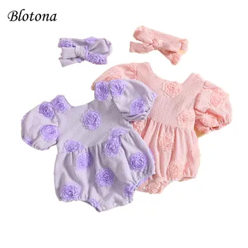 Blotona/ Комбинезон для новорожденных девочек с 3D Сетчатым Цветочным Рисунком, Комбинезоны с коротким рукавом и Квадратным вырезом, Детские Боди с повязкой на голову от 3 до 24 месяцев