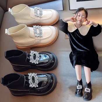 Обувь со стразами для девочек; Детские кожаные ботинки; Сезон осень-зима; Модная детская обувь на противоскользящей резиновой подошве