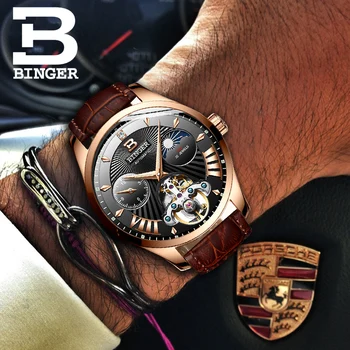 Швейцарский бренд Binger Для мужских часов Наручные часы Aurtomatic С механическим Турбийоном и Сапфировым скелетом Мужские Relogios Masculino