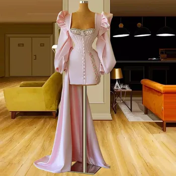 Розовые Коктейльные платья для Дам, атласная Мини-юбка с длинным рукавом, расшитая бисером и блестками, платья для выпускного вечера, женское вечернее платье