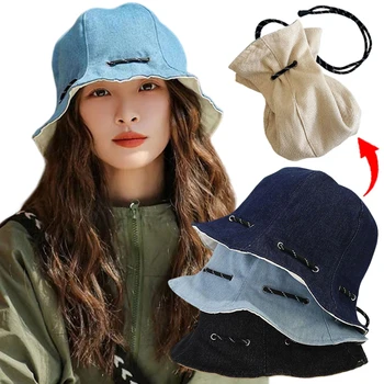 Модные однотонные шляпы-ведерки в корейском стиле для женщин и мужчин, Летние дышащие Регулируемые шляпы-ведерки, Сумка для хранения, шляпа двойного назначения