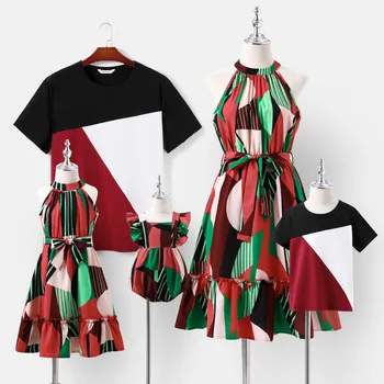 Комплекты платьев PatPat Family с геометрическим принтом, коротким поясом и цветными блоками с коротким рукавом