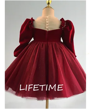 Красное платье с цветочным узором для девочек, Расшитое жемчугом, Длинные рукава Длиной до колен, Платье Принцессы в стиле Лолиты на День Рождения, Бальное платье с квадратным воротником