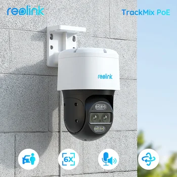 Reolink TrackMix Series Poe & WiFi Камера 4k С двумя Объективами PTZ Автоматическое Отслеживание Наружного Автомобиля для домашних животных Обнаружение человека 8-Мегапиксельная IP-камера Безопасности