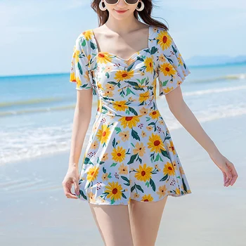 Модный цельный женский купальник для похудения в новом стиле, купальники для летнего пляжного отдыха, крошечное платье с цветочным рисунком, купальник для горячих источников