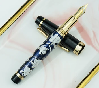 Металлическая авторучка HongDian с ручным рисунком Синих цветов, Иридиевая EF /Изогнутая чернильная ручка с наконечником, отличная подарочная ручка для письма для бизнеса