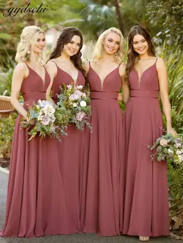 2022 Красные платья подружек невесты на бретельках с V-образным вырезом, простое шифоновое элегантное платье длиной до пола, женское платье для свадебной вечеринки