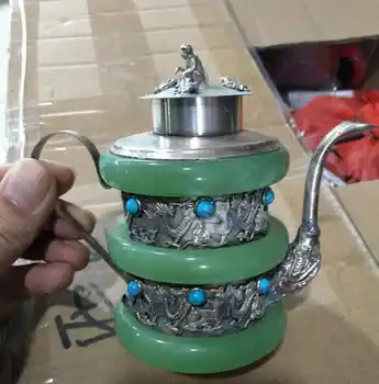 Китайский изысканный чайник с инкрустацией из тибетского серебра, нефрит, бирюзовый дракон