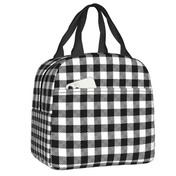 Черно-белый Клетчатый ланч-бокс для Женщин, геометрический Клетчатый плед, Термосумка для ланча с пищевой изоляцией, сумки для работы, сумки для пикника