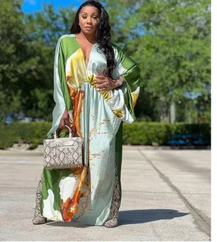 Модный Блогер 2022 Рекомендует Макси-платье с V-образным вырезом и принтом, Негабаритное американское женское уличное платье-кафтан