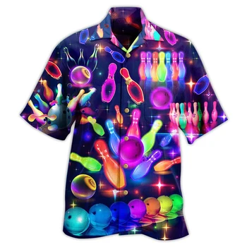 Мужская Рубашка с 3D Принтом Боулинга, Гавайская Модная Уличная Одежда С коротким Рукавом, Повседневная Блузка В стиле Харадзюку, Спортивные Топы, Одежда