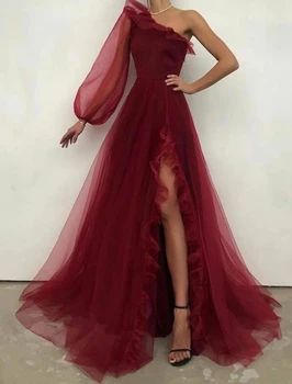 Бордовое Вечернее платье 2023 на одно плечо с Длинным рукавом и оборками из тюля, Вечерние платья для выпускного вечера в Дубае, Vestidos De Fiesta