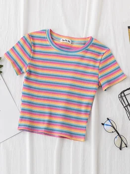 Летняя корейская футболка с коротким рукавом, топы женской одежды, Новая футболка, женские топы в радужную полоску, приталенная футболка, футболка Harajuku