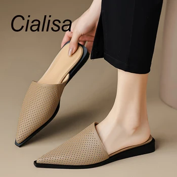 Тапочки Cialisa 2023 Летние Шлепанцы на плоской подошве с острым носком, женская обувь из натуральной кожи ручной работы, женские удобные тапочки черного цвета 40
