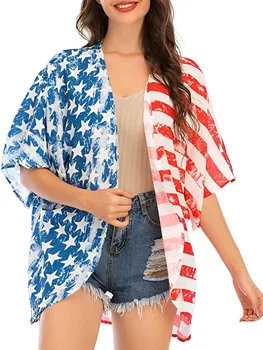 Женский патриотический кардиган, топы-накидки для Четвертого июля - Повседневные свободные блузки-рубашки с открытым дизайном спереди