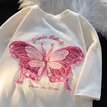 Пары футболок с вышивкой бабочек из чистого хлопка с короткими рукавами, женские летние ins, универсальный студенческий ветер на одежде