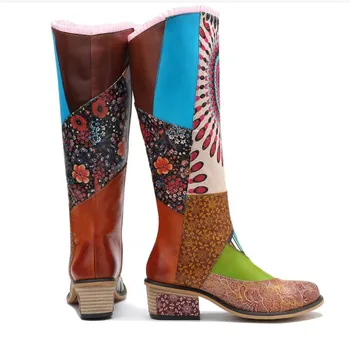 Женские ботинки из натуральной кожи с принтом, Винтажные мотоциклетные ботинки в богемном стиле, Женская обувь на молнии на низком квадратном каблуке 4 см, Женская обувь