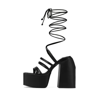 Женские босоножки на платформе с квадратным носком на очень высоком каблуке до середины икры, модельные туфли с ремешками, Большой Размер 44, Женская модная обувь в одну Линию