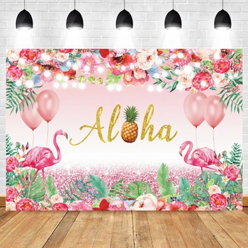 Летний фон с фламинго, вечеринка по случаю дня рождения, тропический гавайский баннер Luau с цветочным рисунком, пальмовые листья, фон для фотосъемки Aloha