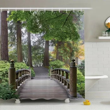 Занавеска для душа с деревянным мостом: Дизайн с видом на горы, 12 крючков, Водонепроницаемая тканевая занавеска для ванны из ткани, защищающей от плесени, Идеальный декор ванной комнаты