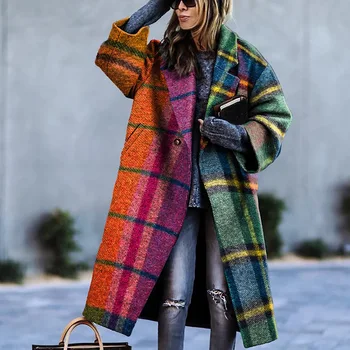 Куртка с длинными рукавами и лацканами, шерстяное длинное пальто с принтом, зимняя одежда, женские пальто и куртки, женские
